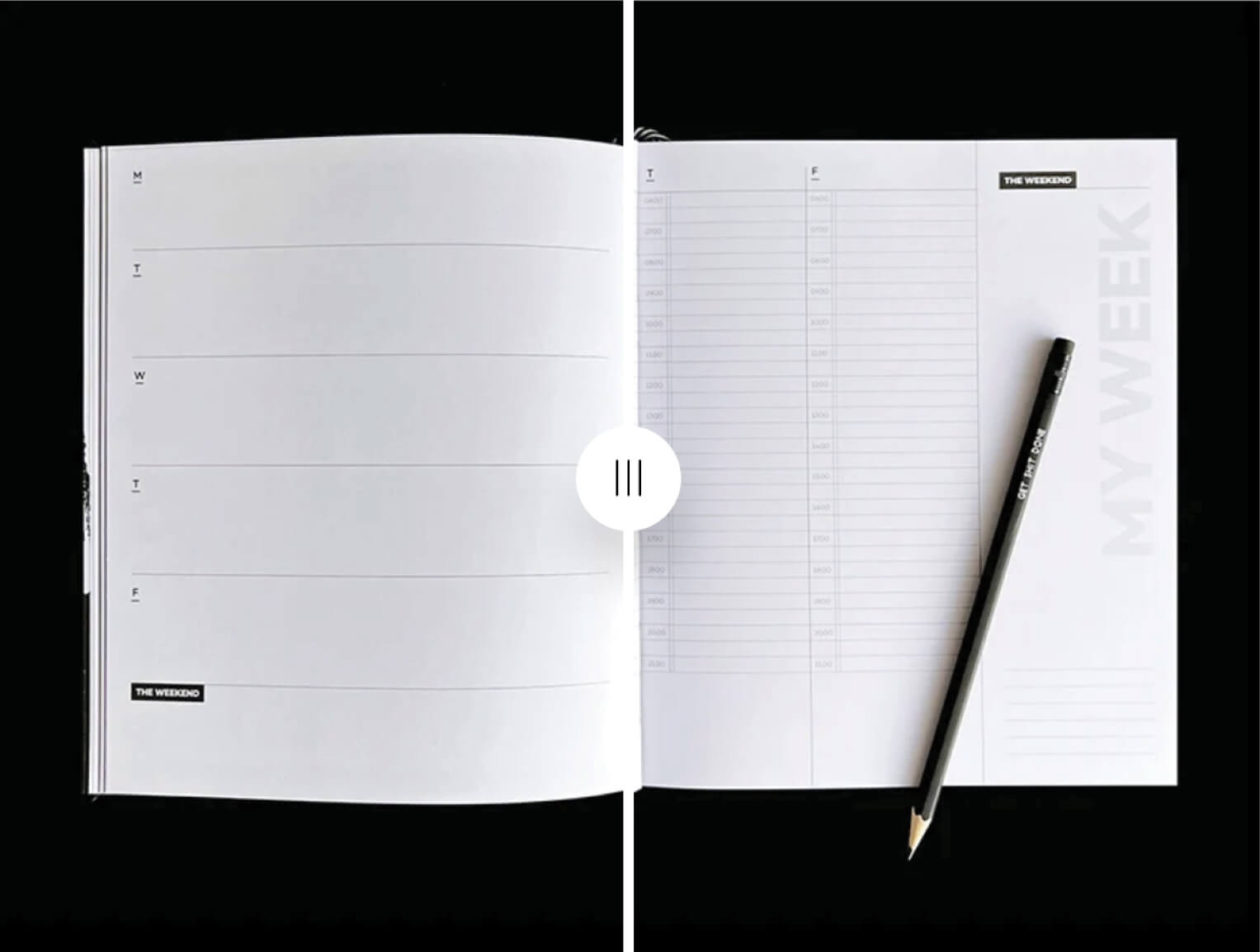 Open monochrome HELLO TIME weekly planner spread with black pencil on page, showing clean minimal layout for organising tasks and time.