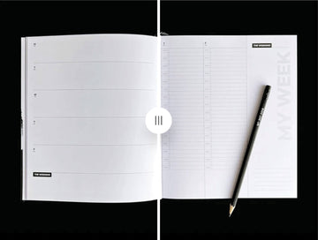 Open monochrome HELLO TIME weekly planner spread with black pencil on page, showing clean minimal layout for organising tasks and time.