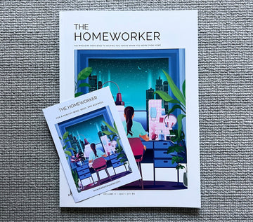 The Homeworker magazine featuring a vibrant illustrated cover of a woman working at her desk at night, surrounded by plants and city lights.