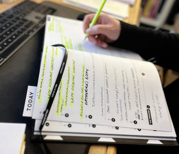 Close-up of a HELLO TIME planner open on a work desk, with handwritten notes and highlighted to-dos for a productive, well-planned day.