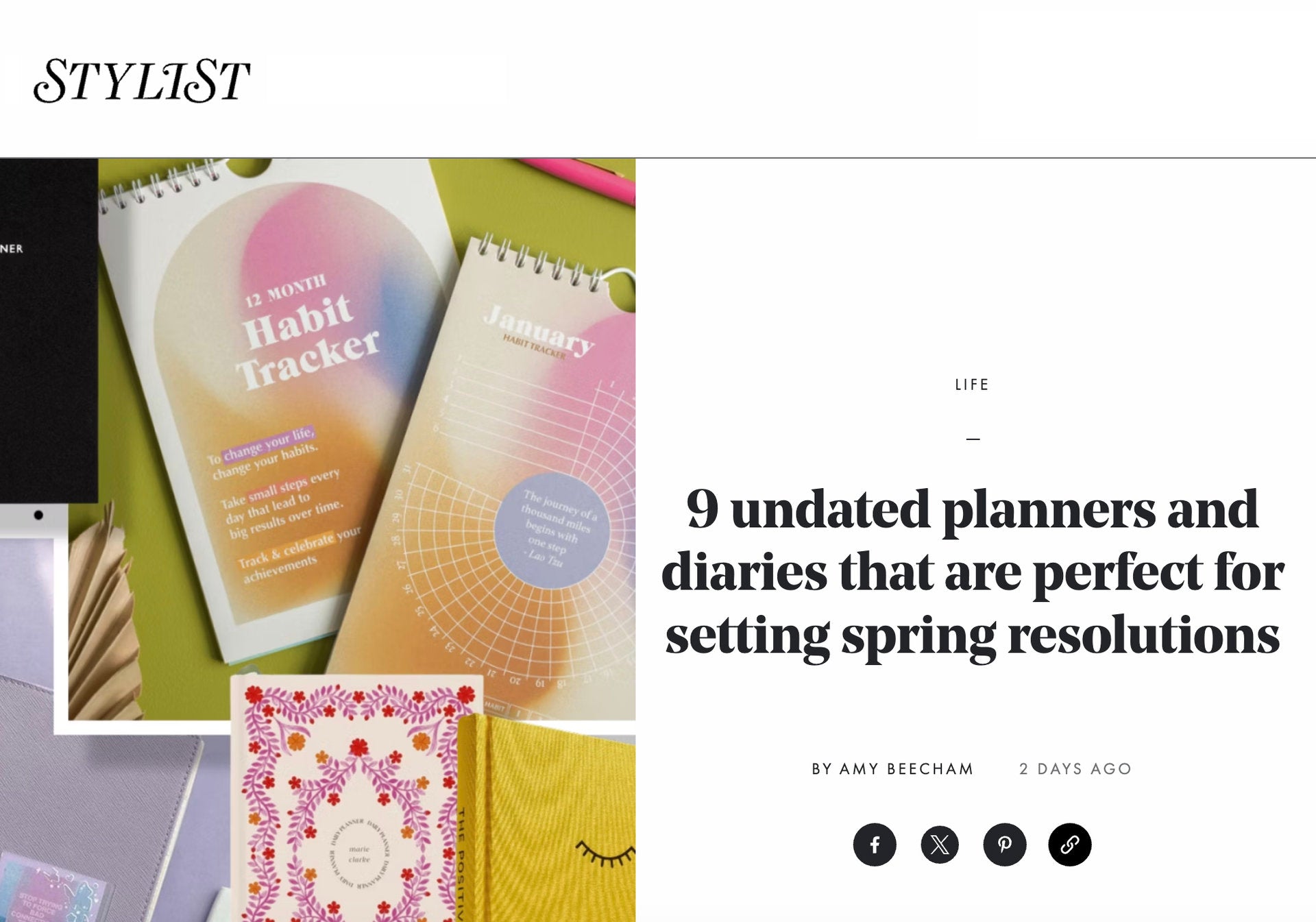 Feature from Stylist magazine highlighting 9 undated planners and diaries for fresh spring resolutions, including the HELLO TIME planner.