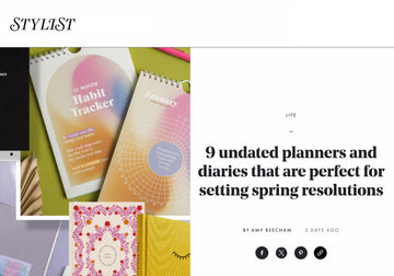 Feature from Stylist magazine highlighting 9 undated planners and diaries for fresh spring resolutions, including the HELLO TIME planner.