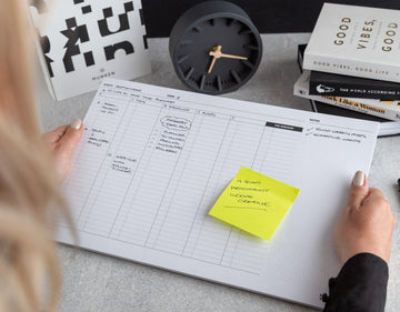 Overhead view of a HELLO TIME weekly desk pad filled with plans and a bright yellow sticky note — productivity meets calm focus.