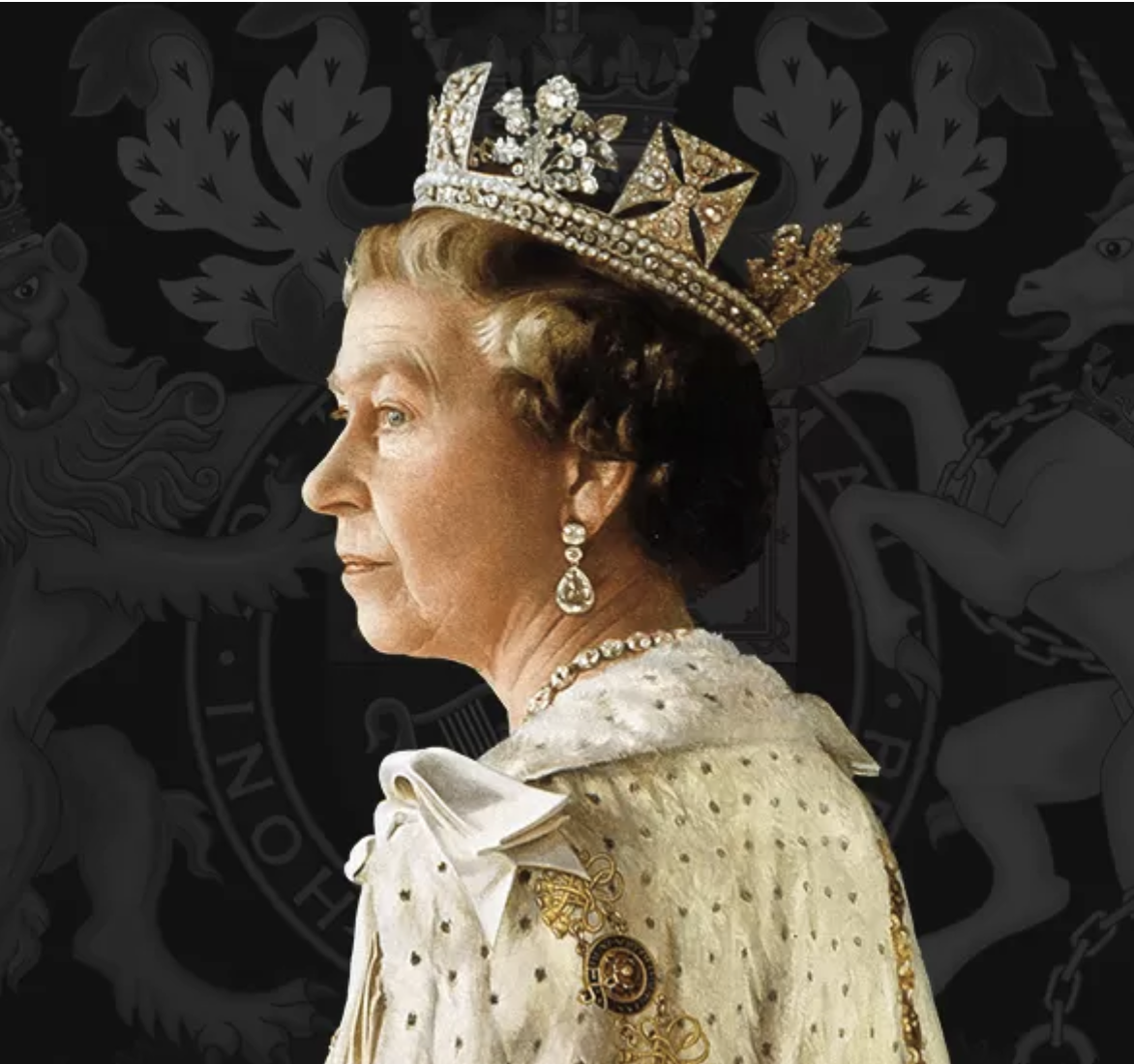 A formal portrait of Queen Elizabeth wearing a jeweled crown, pearl necklace, and white ceremonial robe adorned with gold details, set against a dark patterned background.