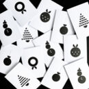 Set of five minimalist Christmas greeting cards with black festive icons on white.
