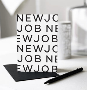 Black and white congratulations new job card with repeated text design.