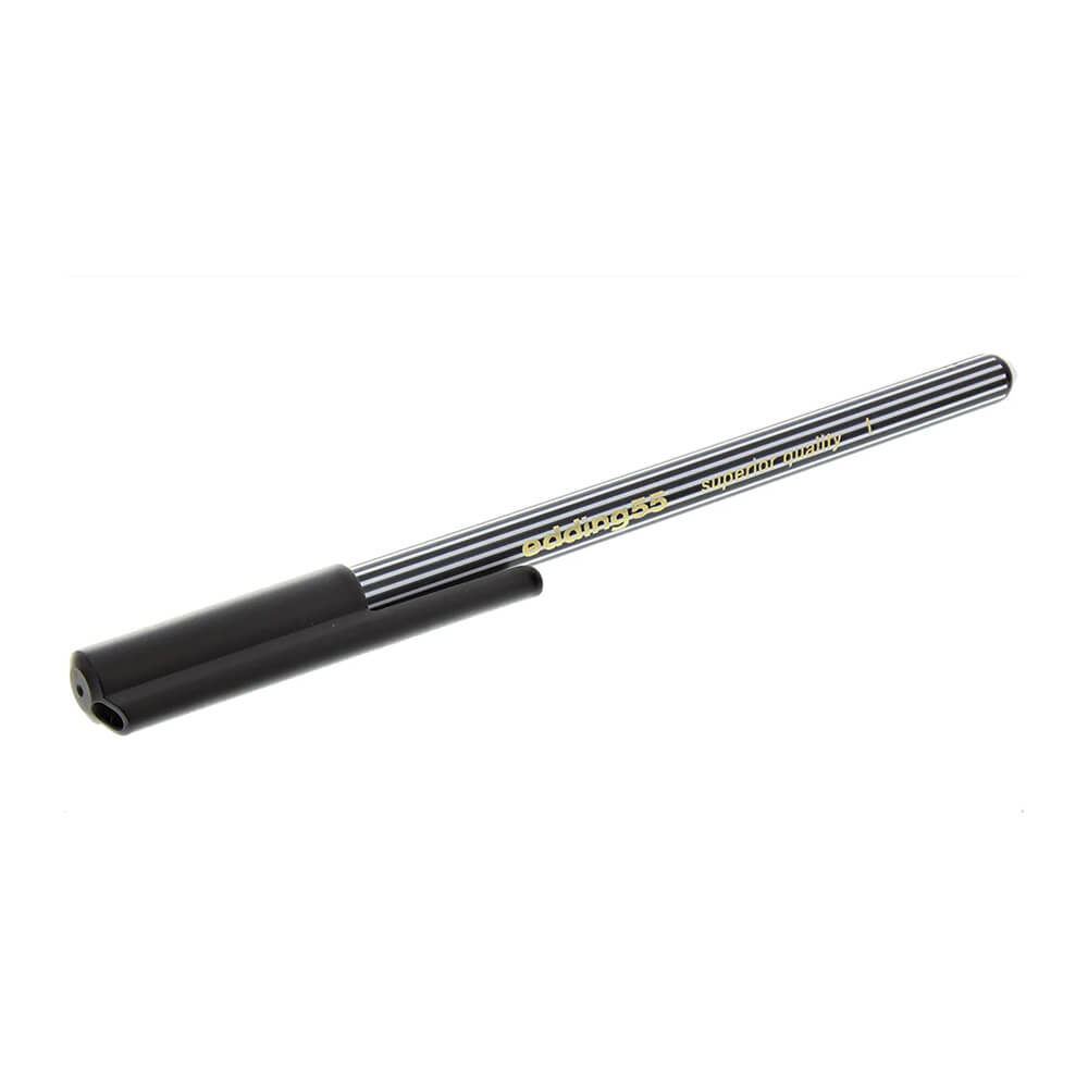 Edding 55 black fineliner pen with cap on striped barrel and gold logo