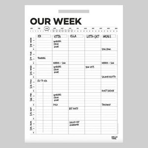 Example of filled-in Hello Time family wall planner with names, tasks, and meals across a weekly grid