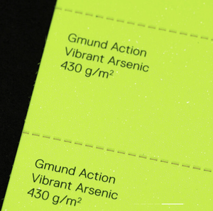 Close-up of GF Smith Gmund Action Vibrant Arsenic neon yellow card swatch, 430gsm