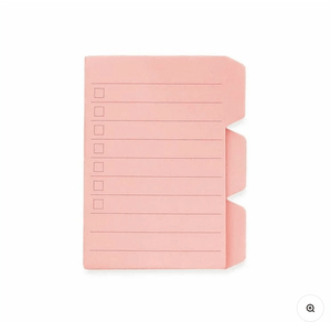 Pink to-do sticky tabs with lined checklist and three tab markers on the right edge.