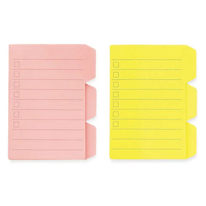 Pink and yellow to-do sticky tab sheets side by side, lined checklists with three side tabs each.