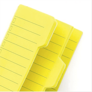 Close-up of neon yellow to-do sticky tab pages with lines, checkboxes, and three side tabs.