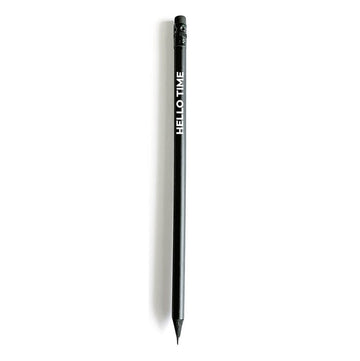Black HELLO TIME pencil with white logo and eraser, shown on white background