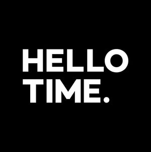 HELLO TIME logo in bold white uppercase letters on solid black background.