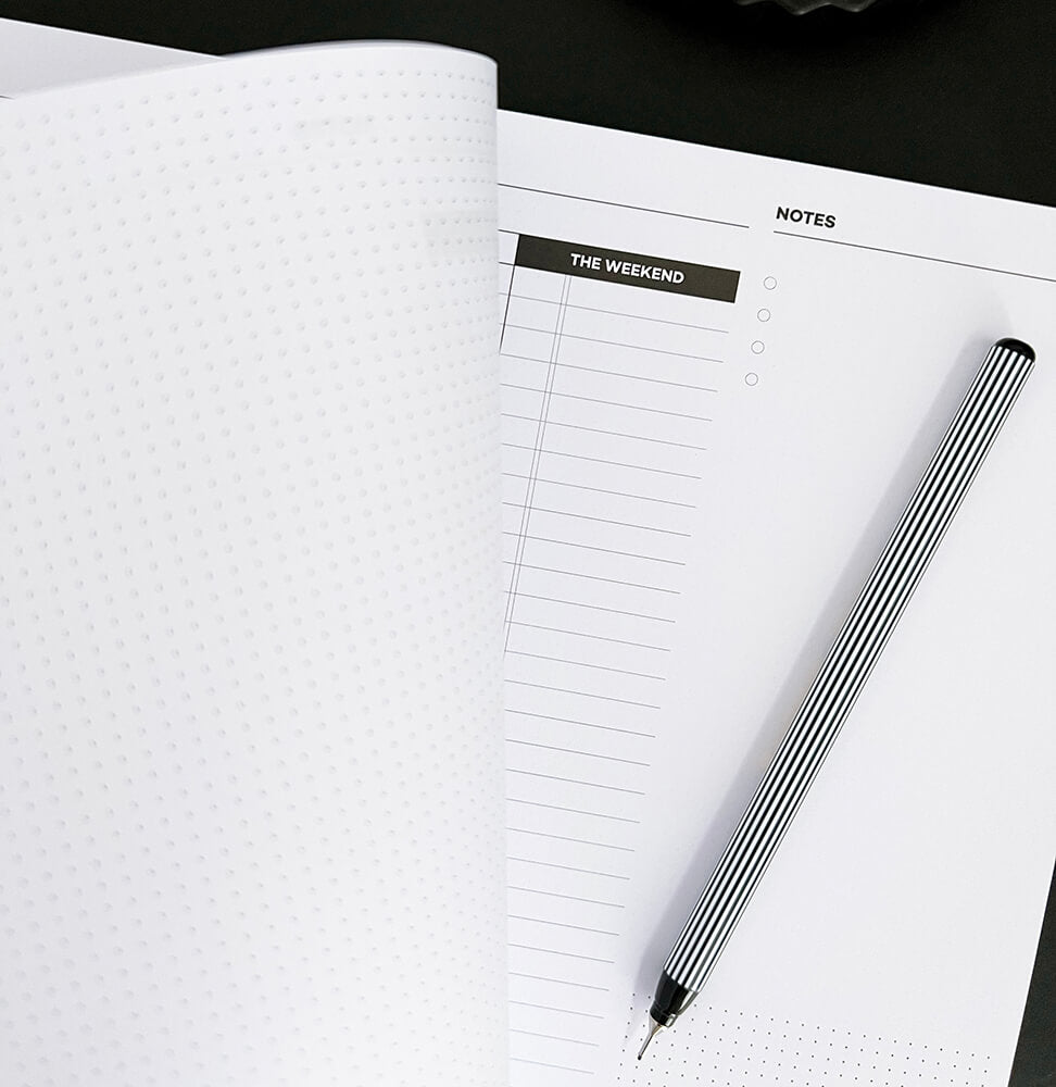 HELLO TIME weekly desk pad with notes section and dot grid, Edding fineliner resting on page