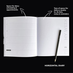 HELLO TIME planner open to horizontal weekly spread with annotated labels showing diary space on left and to-do list space on right