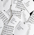 Selection of love-themed greeting cards with bold black typography, including 'You Had Me At Hello'.