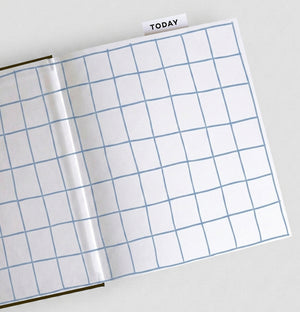 Open HELLO TIME planner with hand-drawn blue grid endpaper pattern and 