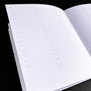 Open HELLO TIME planner page with hourly time-slot grid from 6am to 9pm across the week, black background.