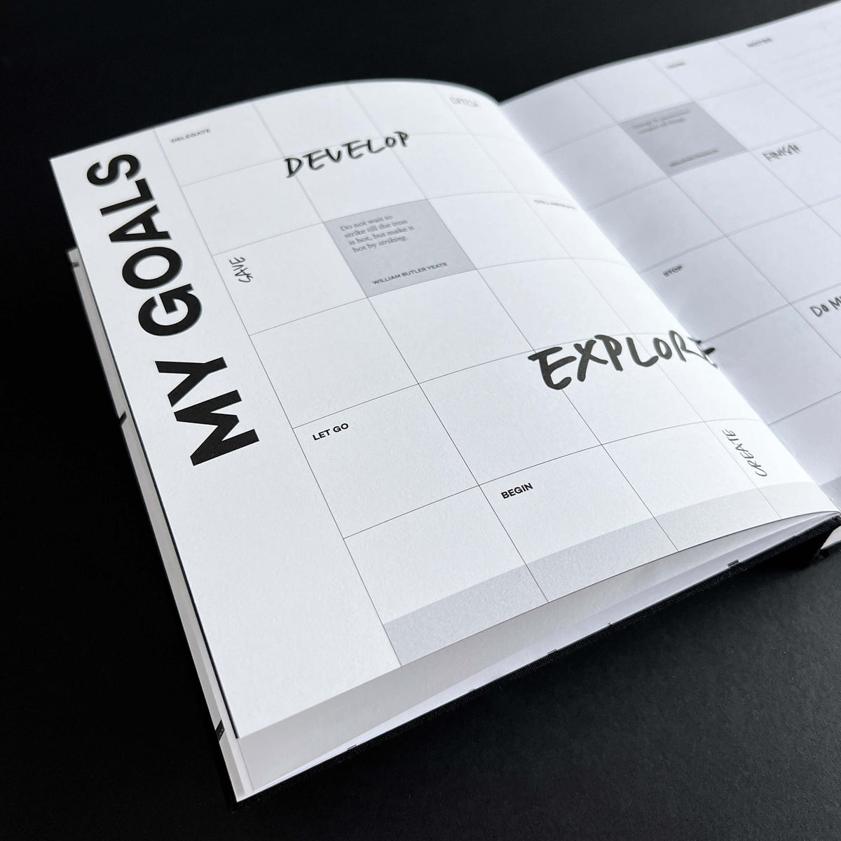 Open HELLO TIME "My Goals" planner page with goal-setting grid and words like develop, explore, begin.
