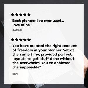Two 5-star HELLO TIME planner reviews from Sarah and Ben on layout and reducing overwhelm.