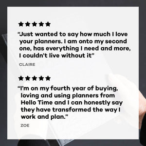 Two 5-star HELLO TIME planner reviews from Claire and Zoe on repeat purchases.