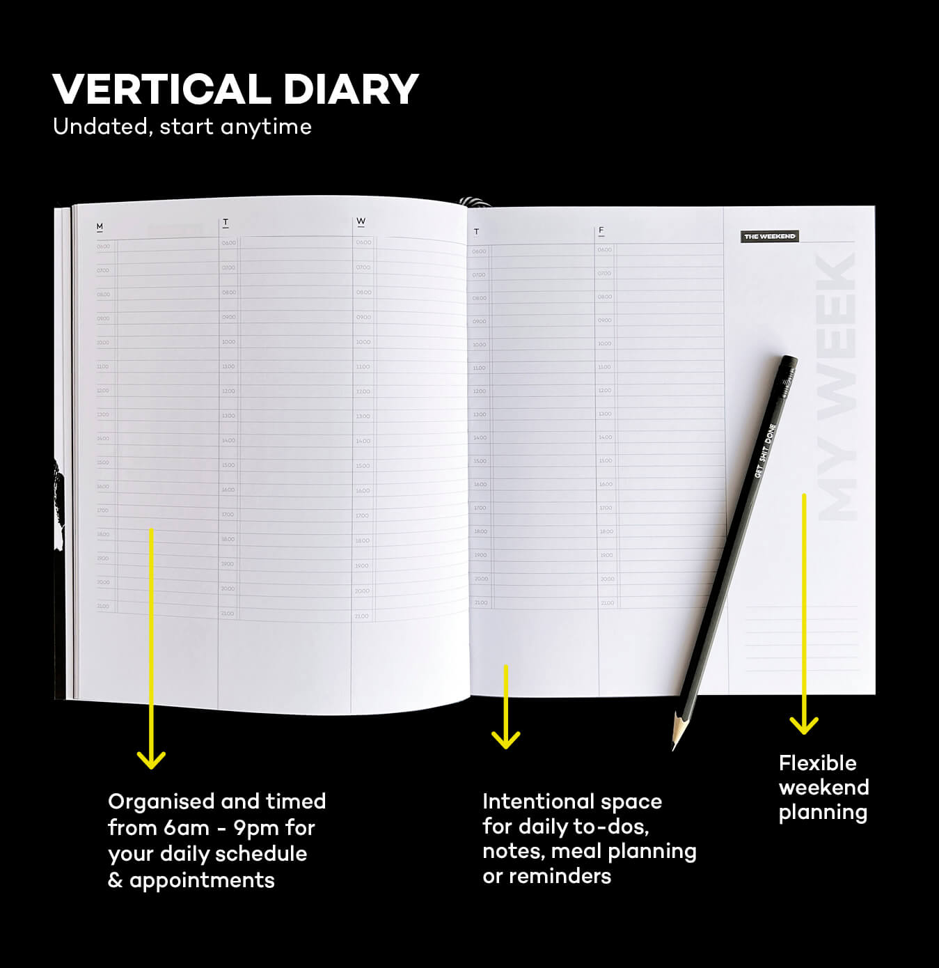 HELLO TIME planner open to vertical weekly layout with timed days, space for to-dos, and annotated labels for scheduling and planning