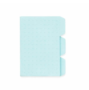 Light blue sticky tab notepad with dotted grid and three tab markers on the right edge.