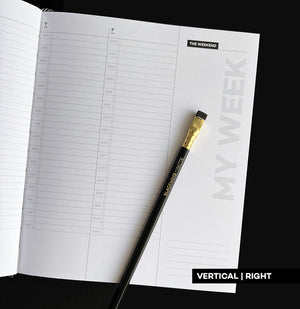 HELLO TIME planner vertical weekly layout with time slots for Thursday to Friday, weekend column and Blackwing pencil on black background