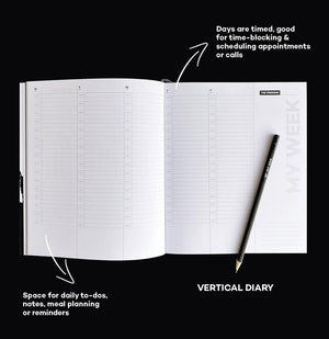 HELLO TIME planner open to vertical weekly layout with timed days, space for to-dos, and annotated labels for scheduling and planning