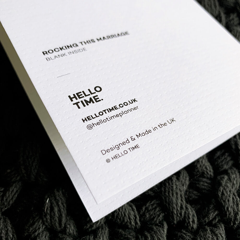 Back of anniversary card showing Hello Time branding and FSC eco-friendly detail.