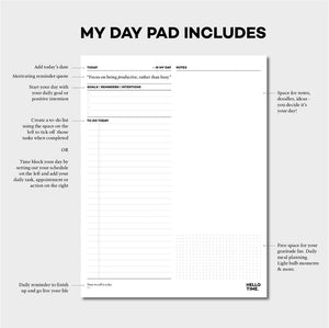 Hello Time My Day Pad layout with feature callouts and daily productivity sections