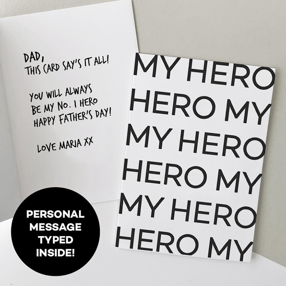 Open My Hero Dad birthday card with printed personal message inside in modern handwritten font.
