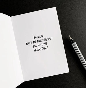 Inside view of birthday card with handwritten personalised message option in black ink.
