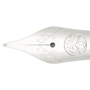Close-up of Kaweco Sport chrome steel fountain pen nib with engraved logo and scroll design