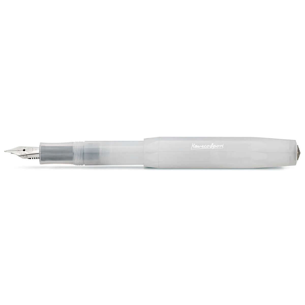 Kaweco Sport fountain pen in translucent coconut white with medium steel nib, compact design, and ergonomic grip