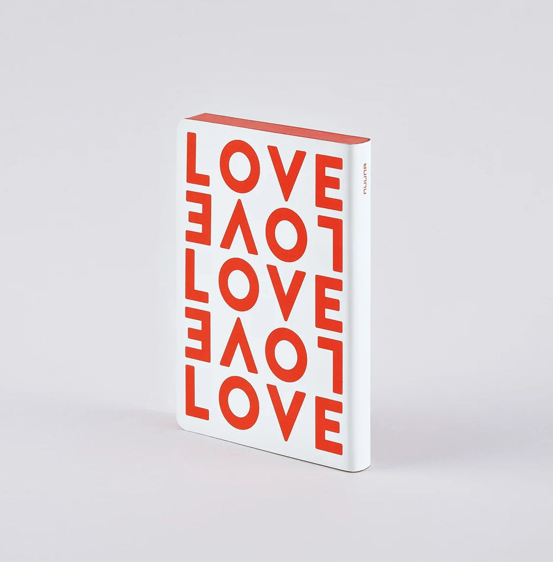Nuuna LOVE notebook with bold red typography on a white cover