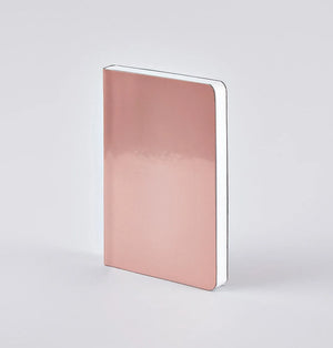 A6 Nuuna Notebook with rose gold gloss cover and white edges, standing upright.