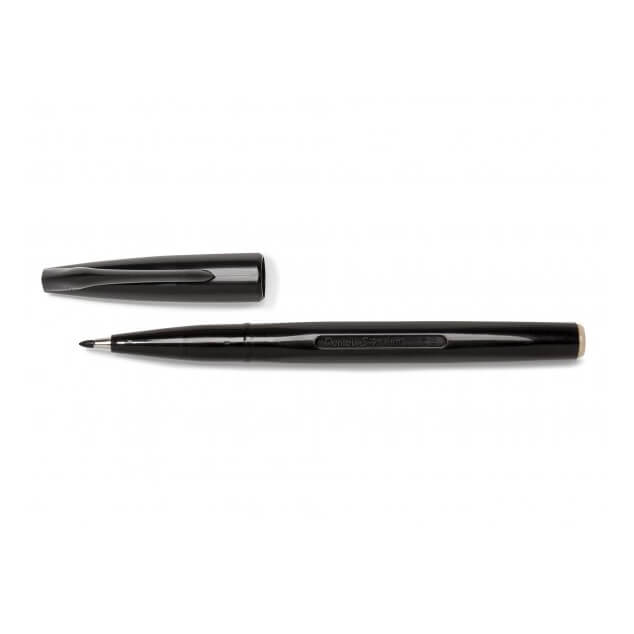 Pentel black sign pen shown flat with cap removed on white background