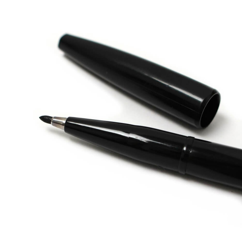 Pentel black sign pen with fibre tip and cap off on white background