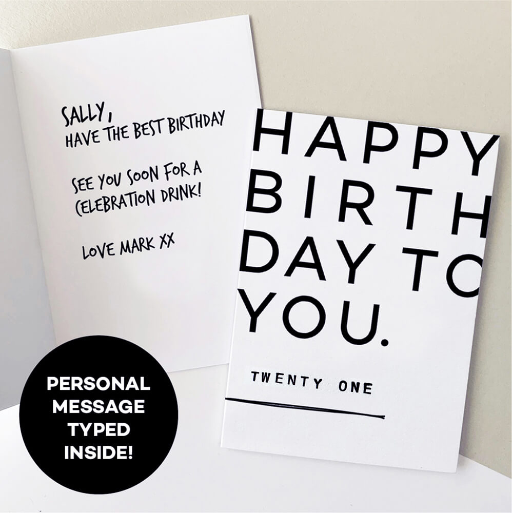 Open 21st birthday greetings card with personal handwritten style message inside.