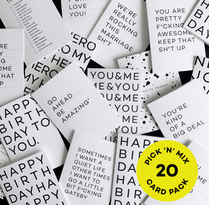 Assorted monochrome greeting cards with bold text designs, pack of 20.