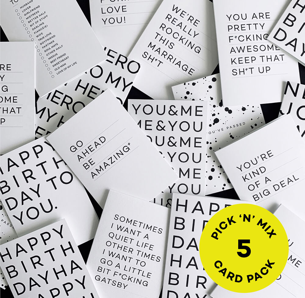 Assorted monochrome greeting cards with bold text designs, pack of 5.