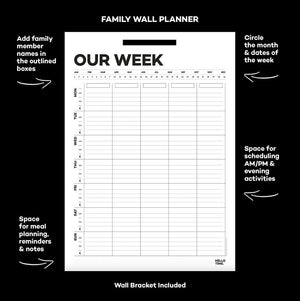 Labeled diagram of Hello Time wall planner showing areas for names, dates, meals, and notes