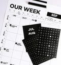 Hello Time weekly wall planner with black sticker sheets for months and icons