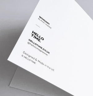 Back of monochrome greetings card showing Hello Time logo and FSC details.