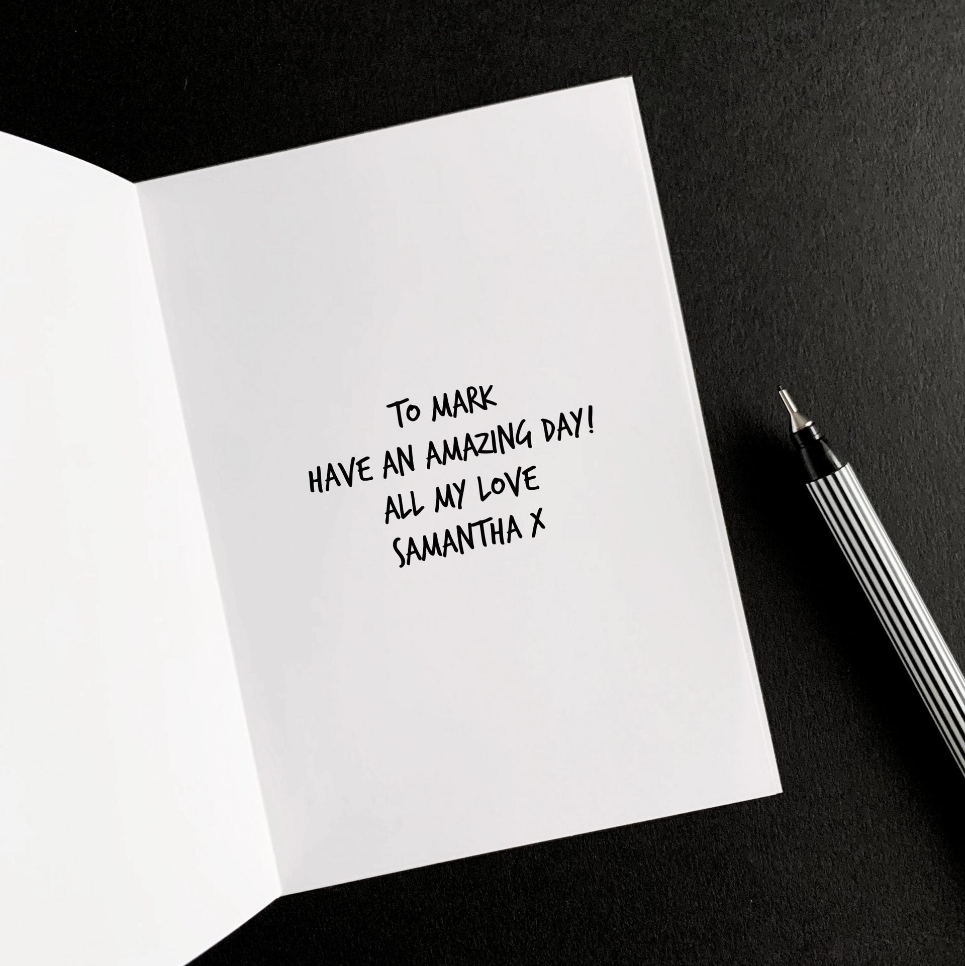 Inside of greetings card with personalised handwritten-style printed message.