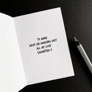 Inside of greetings card with personalised handwritten-style printed message.