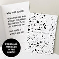 Inside and outside view of monochrome “You’ve Passed” card with typed personal message option.