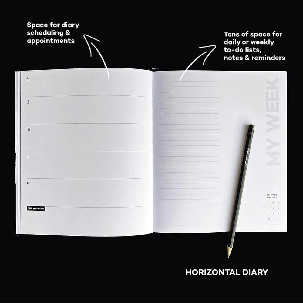 Open HELLO TIME Planner showing horizontal weekly layout with pencil and labels.